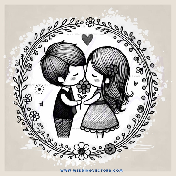 a boy and girl kissing inside a circle full of flowers