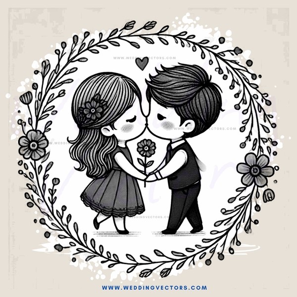 lovers kissing in flower wreath hug