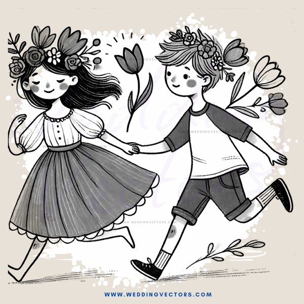 a boy and girl running together with flowers in their hair