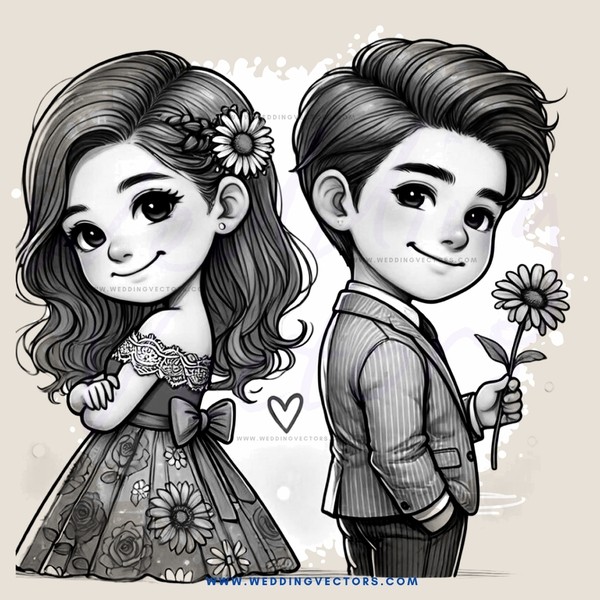 cartoon boy and girl with flowers in their hair