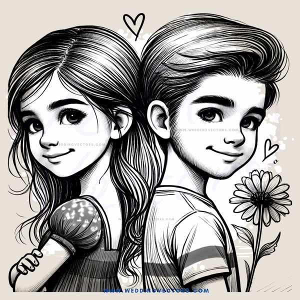 two smiling cartoon people with a flower and heart symbols between them