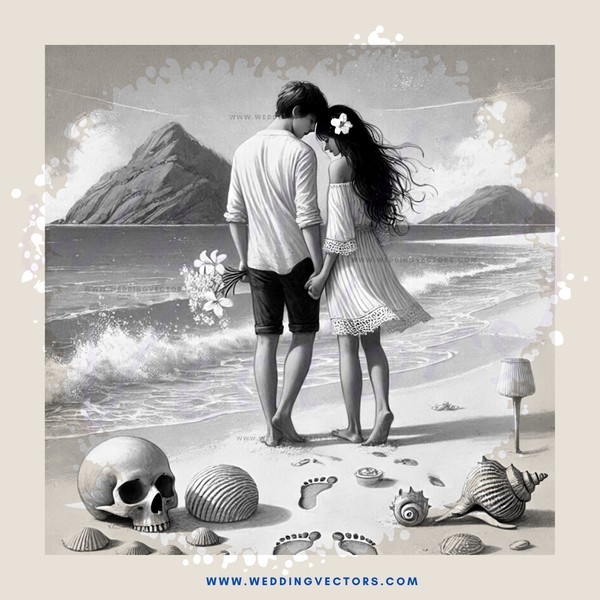 beach scene with skulls and shells