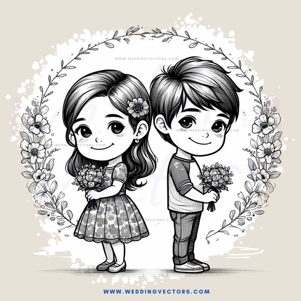 boy and girl holding flowers with leaves on their heads