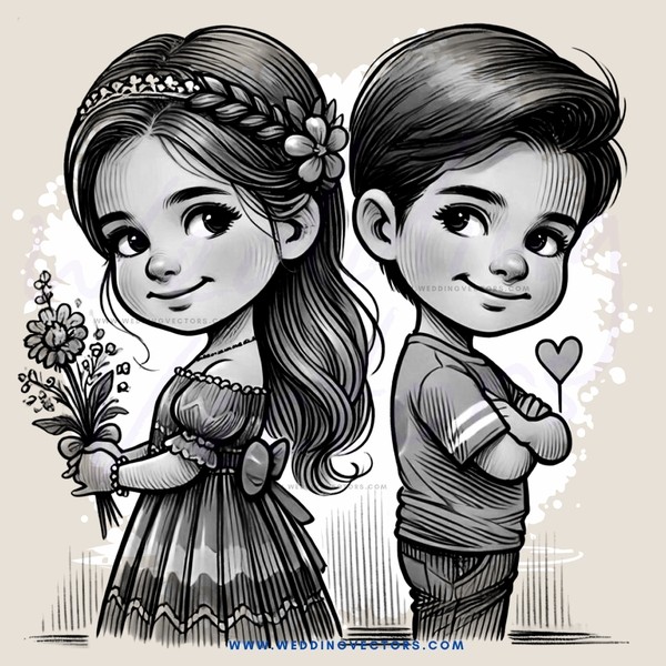 two children in black and white drawing