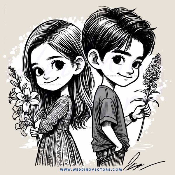cartoon boy and girl holding flowers