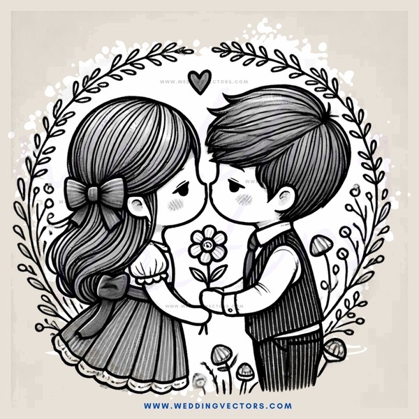 lovers kissing with flowers and leaves around them
