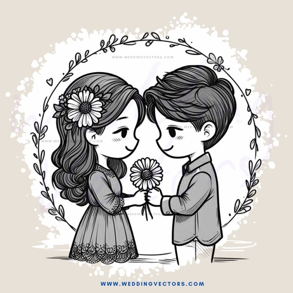 a boy and girl exchanging flowers