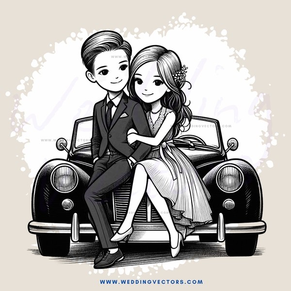a young couple sitting in an old car