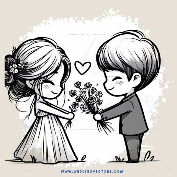 a young couple exchanging wedding flowers and kissing