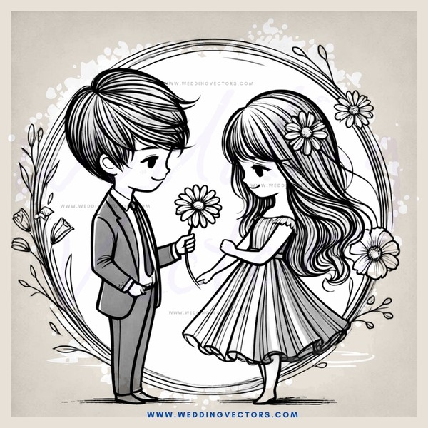 a boy and girl holding flowers