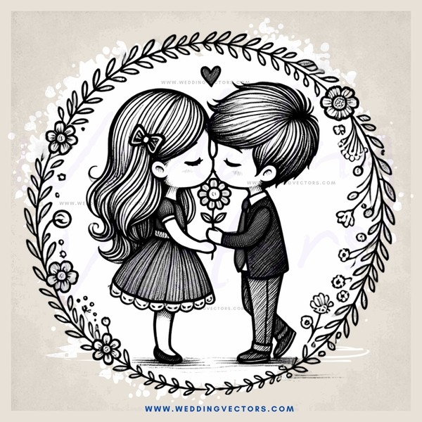 cartoon lovers kissing in a circle