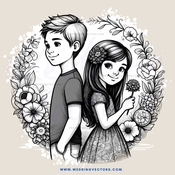 a boy and girl holding flowers