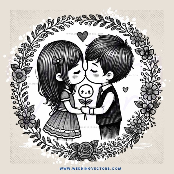 kissing couple with baby and flowers in background