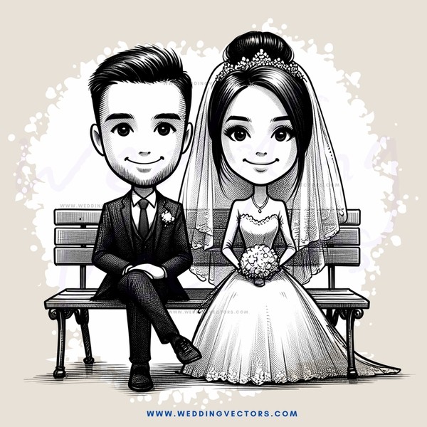 a boy and girl on a bench, both dressed in wedding attire