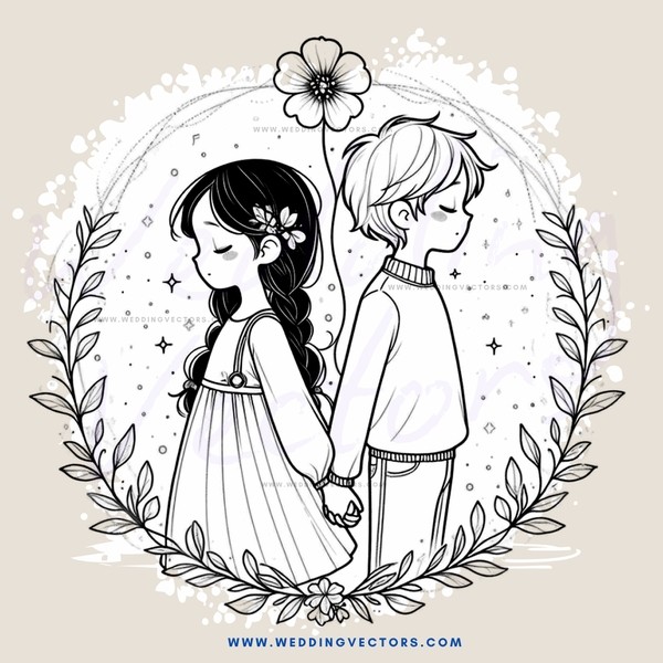 a boy and girl leaning together in flowered enclosure