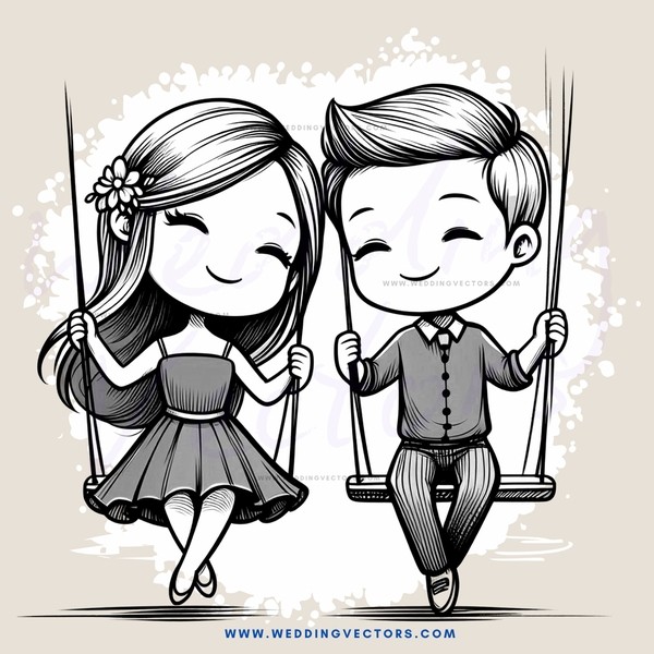 swinging couple cartoon illustration in black and white