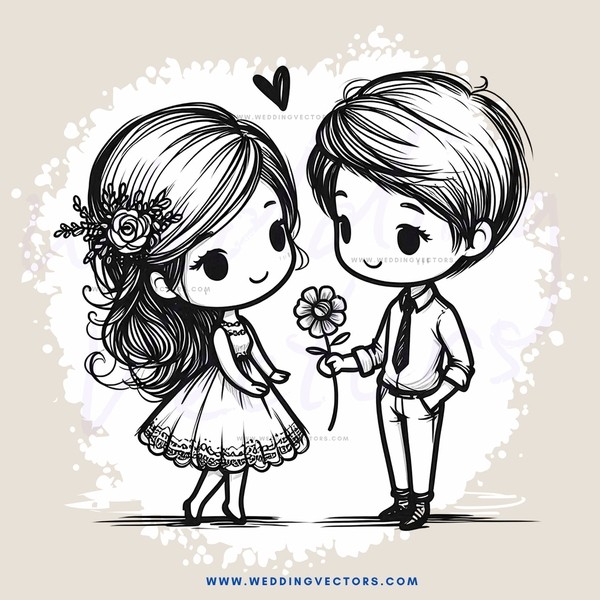 two people in love, holding flowers and looking at each other