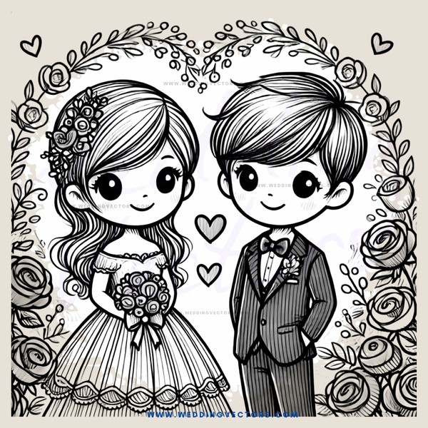 a couple standing together with hearts and flowers in their hair