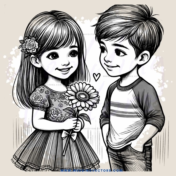 a girl and boy with flowers in hand