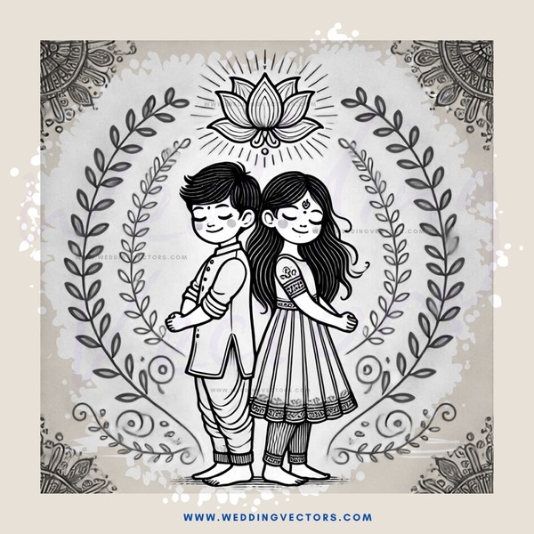 a boy and girl holding hands with lotus flowers above them