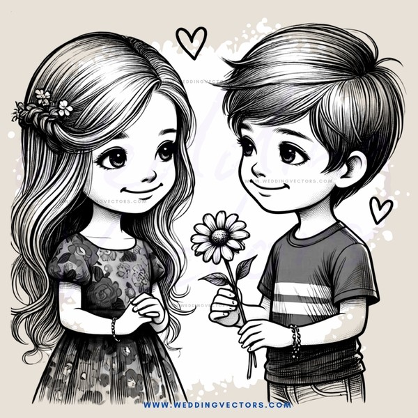 two kids holding flowers and smiling at each other