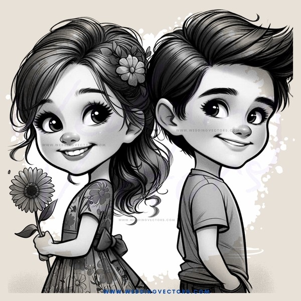 cartoon boy and girl with flowers