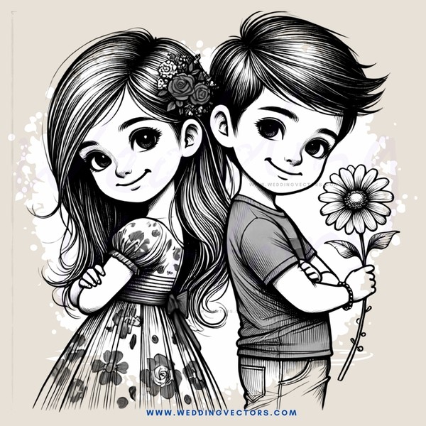 two children posing for a picture with a flower and daisy on either side