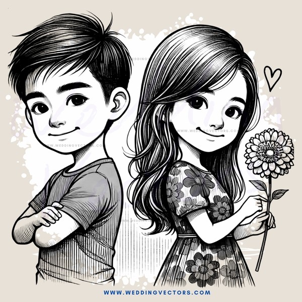 a boy and girl with flowers and hearts