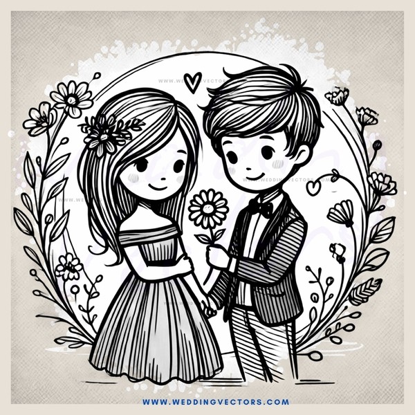boy and girl holding flowers with hearts and flowers on their heads