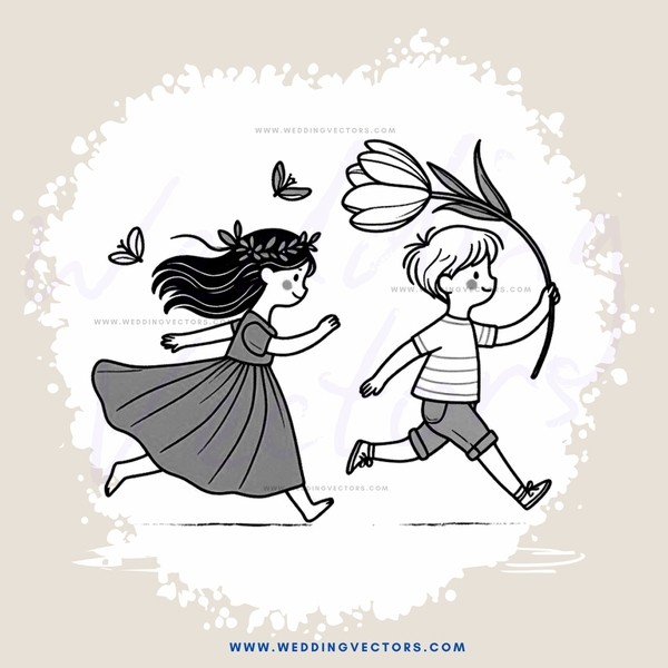 girl and boy running with butterfly kites