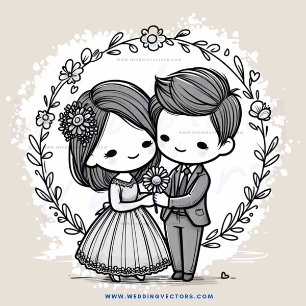 a couple holding flowers and dressed in white gowns