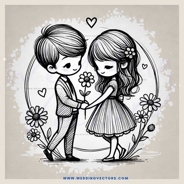 couple embracing with flowers and butterflies