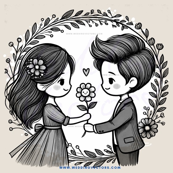 romantic couple holding flowers and petals