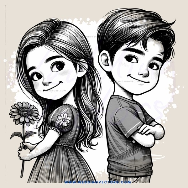 cartoon girl and boy with flower