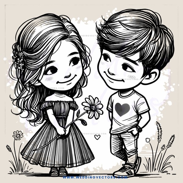 cartoon couple in field