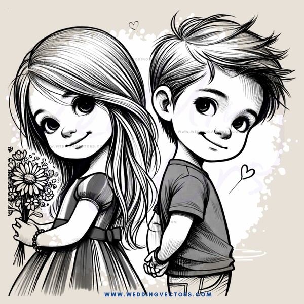 sibling cartoon portraiture in black and white