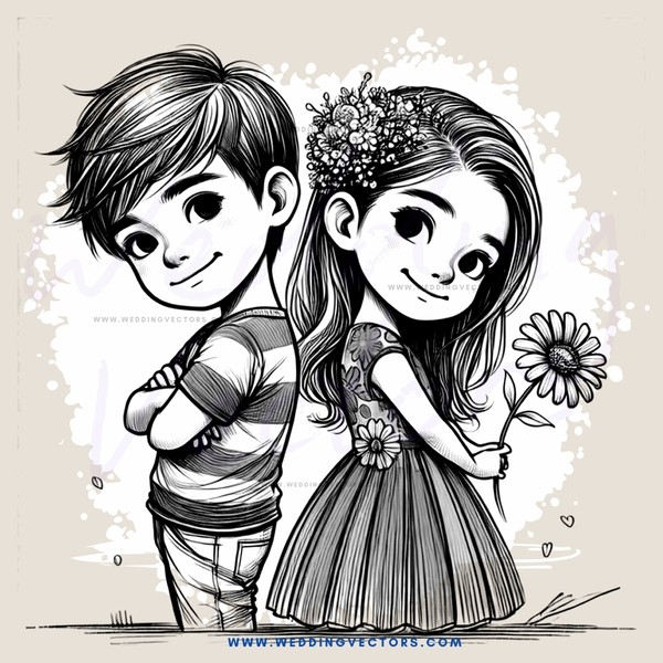 a cartoon boy and girl holding flowers