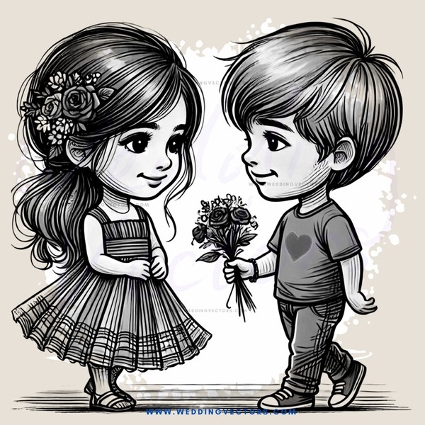 a boy and girl holding flowers