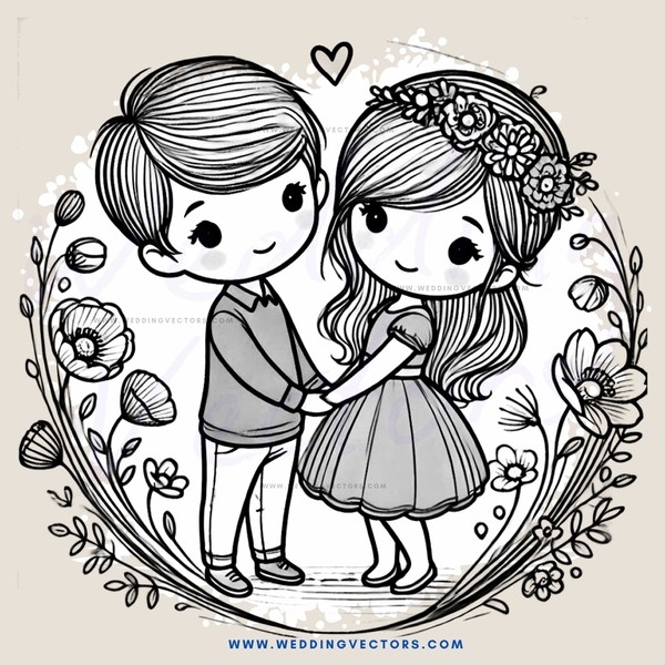 a boy and girl holding hands in front of flowers