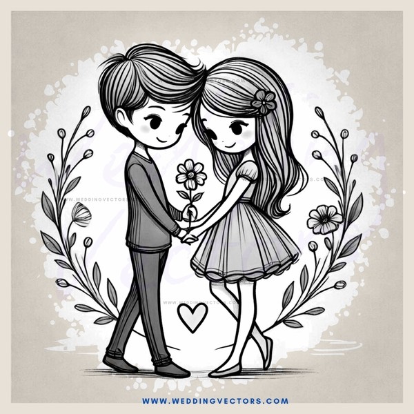 couple standing with flowers and leaves