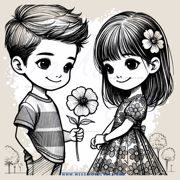 a boy and girl holding flowers