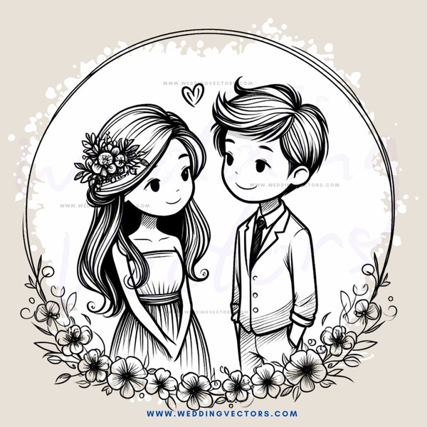 wedding picture of two people with flowers and leaves surrounding them