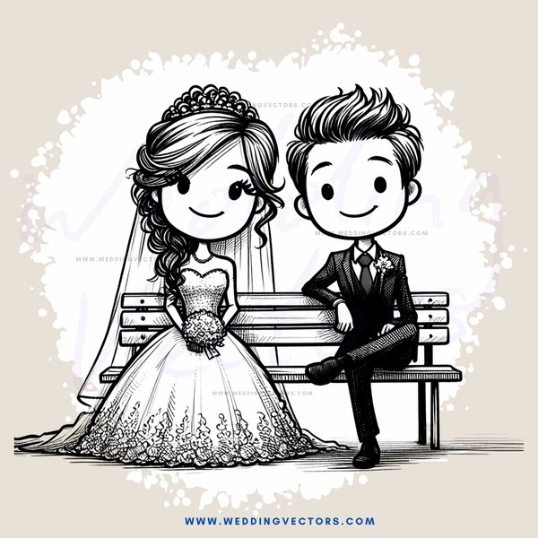 a bride and groom sitting on a bench together