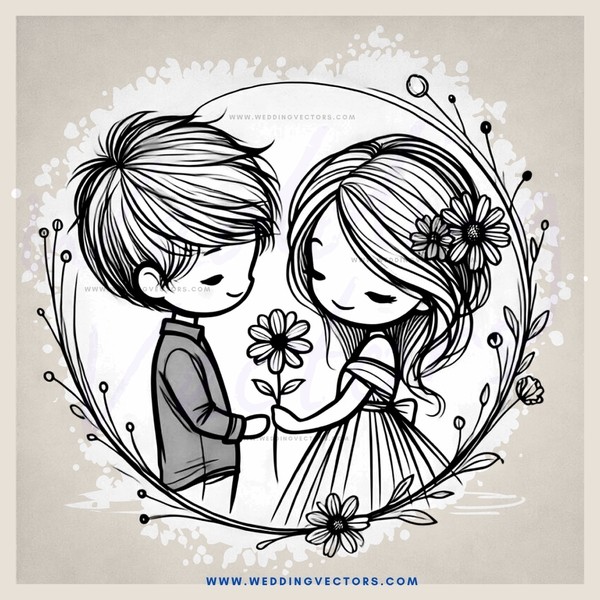 a boy and girl holding hands and flowers