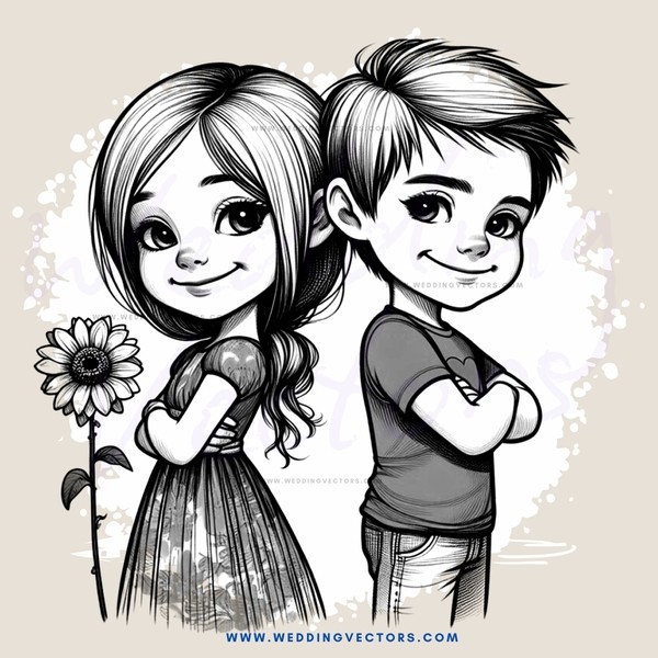 cartoon boy and girl with flowers around their necks