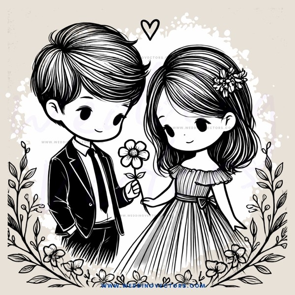 young couple holding flower and dressed in suits