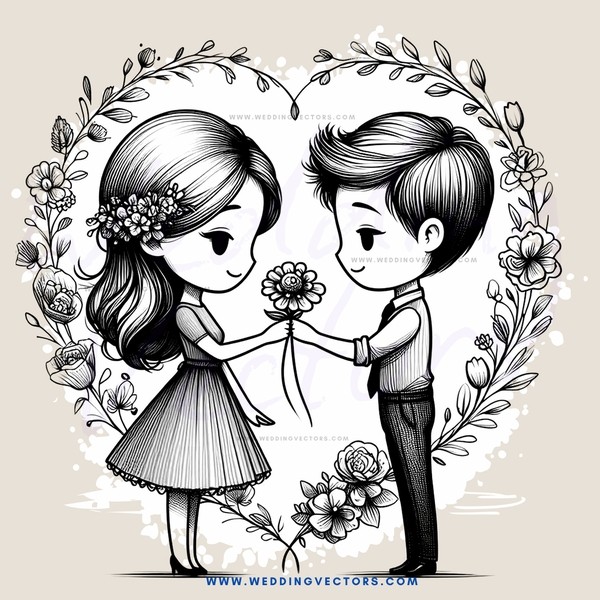 a boy and girl holding flowers under an arch