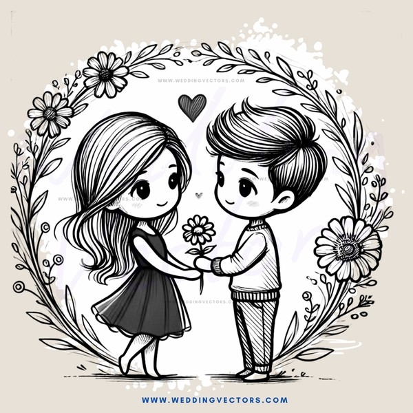boy and girl embrace with flowers and leaves surrounding them