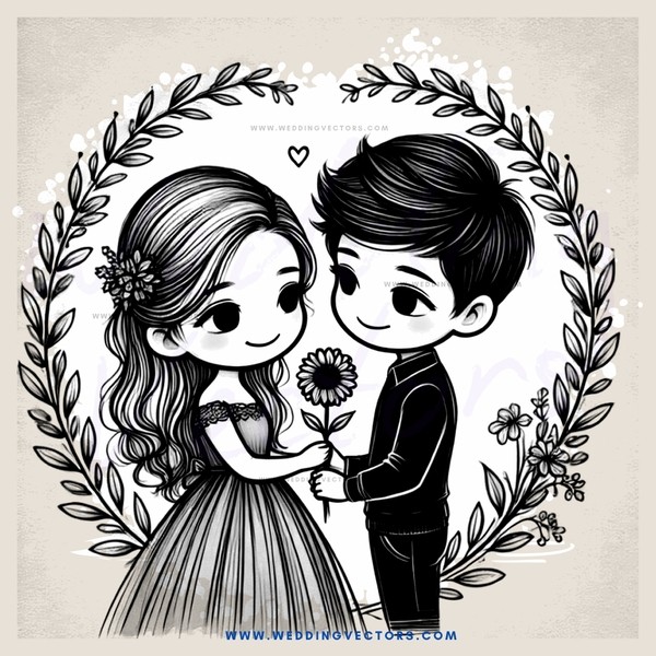 a couple in a vine wreath with hearts