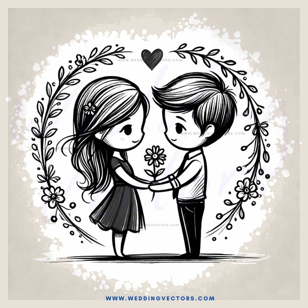 a couple in black and white illustration